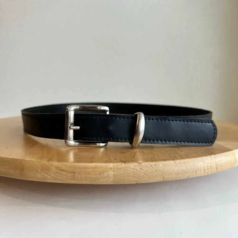 Vintage 90s Black Vegan Leather Silver Buckle Belt Size XS to Small